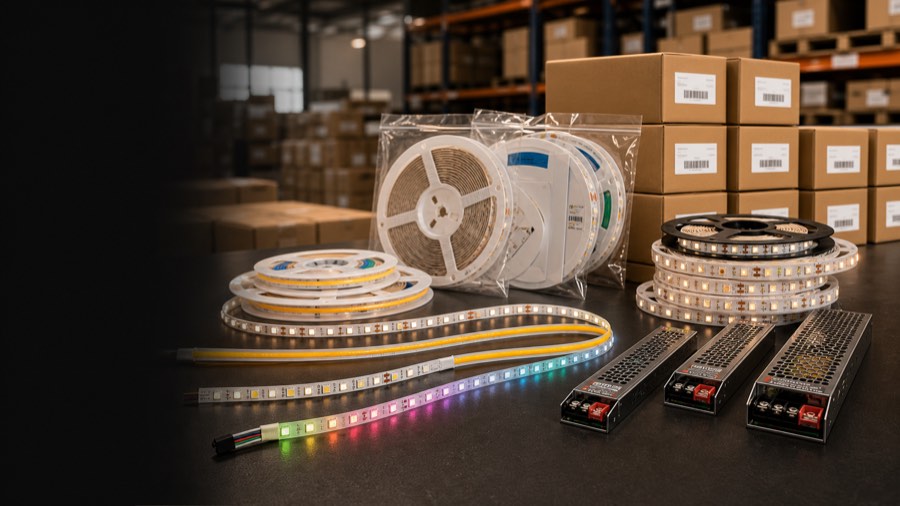 Wholesale LED strip lights in bulk with reels cartons multiple SKUs and power supplies