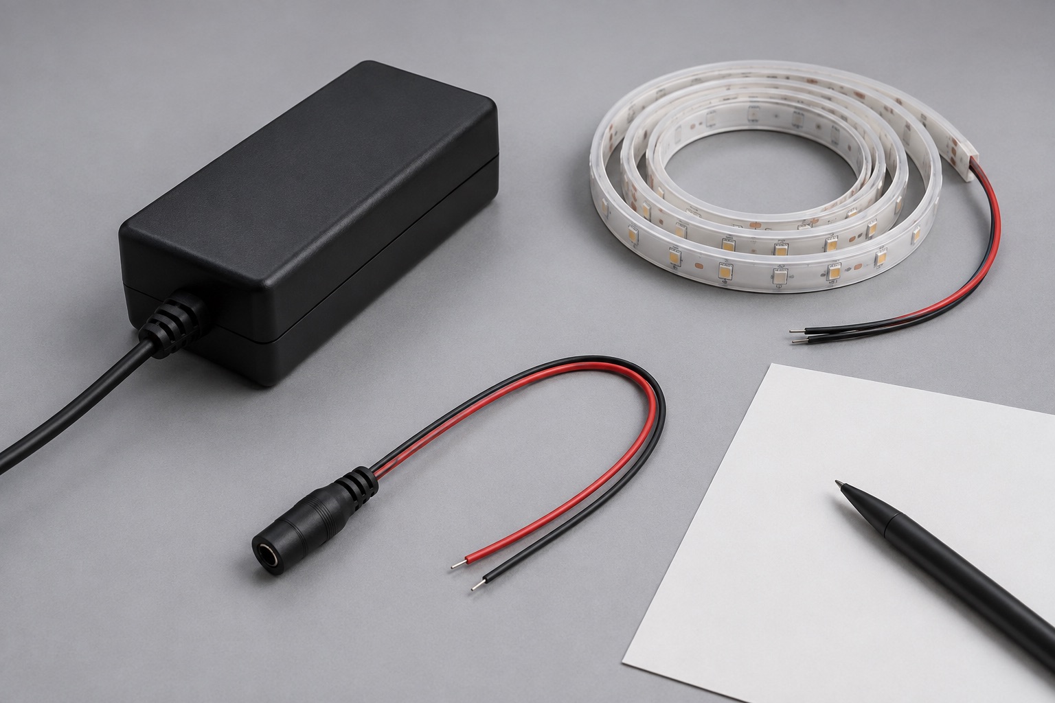 LED strip, enclosed DC adapter and separate low-voltage connector cable