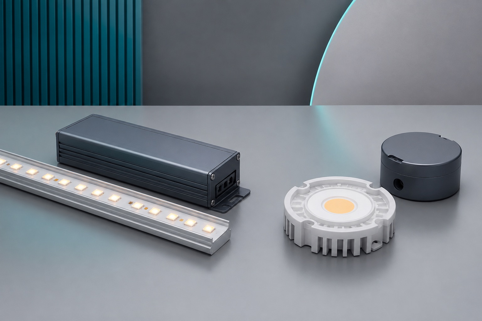 Concept comparison of a strip-light power supply and a driver with a round LED module