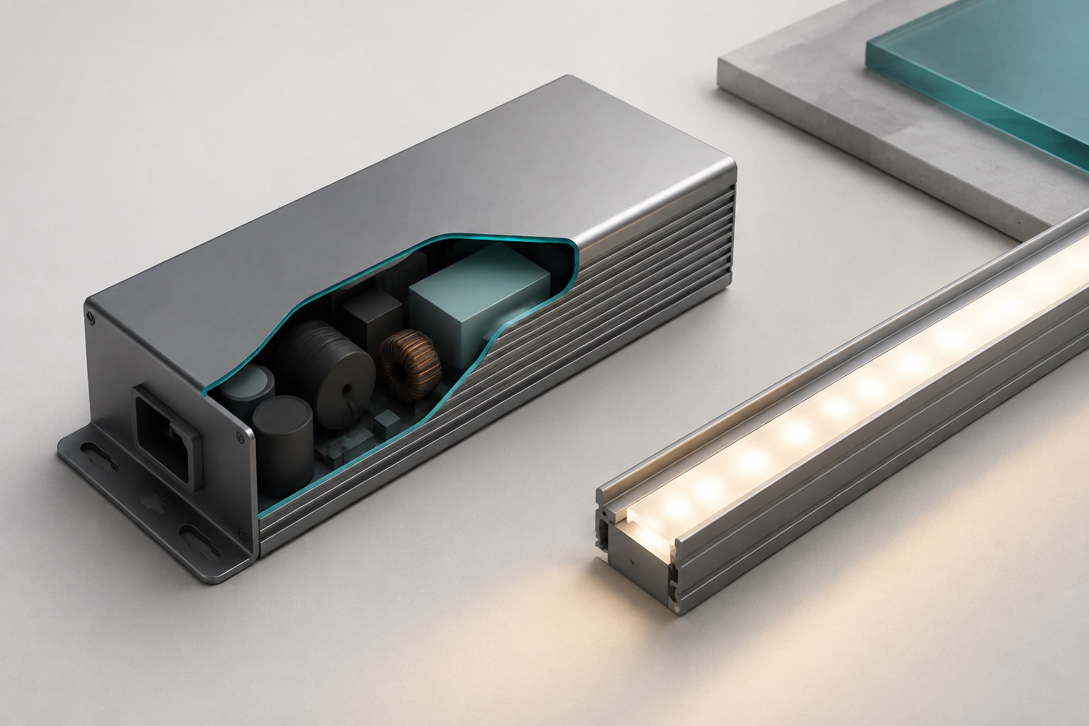Concept cutaway of an enclosed LED power supply beside an LED strip